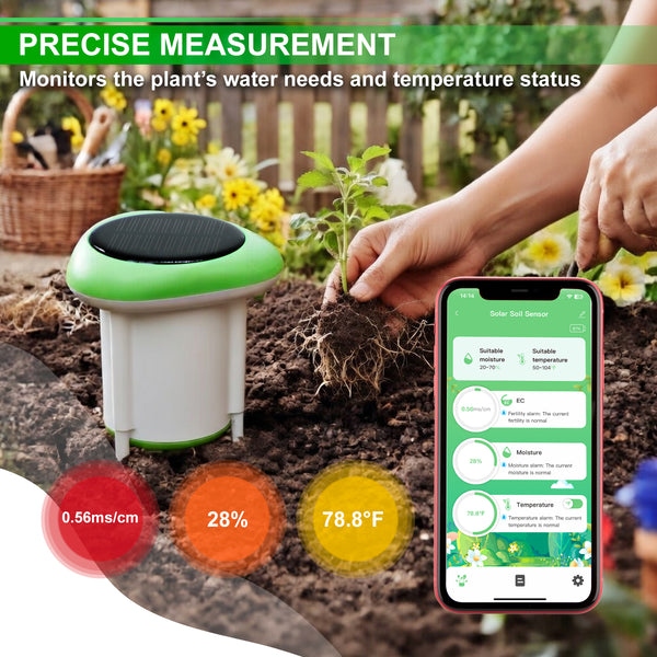 SQM-545 Smart Solar Soil Sensor Wireless Conductivity, Moisture, Temperature APP Monitoring IP66 Waterproof Works with Android & iOS for Gardens, Farms, Greenhouses