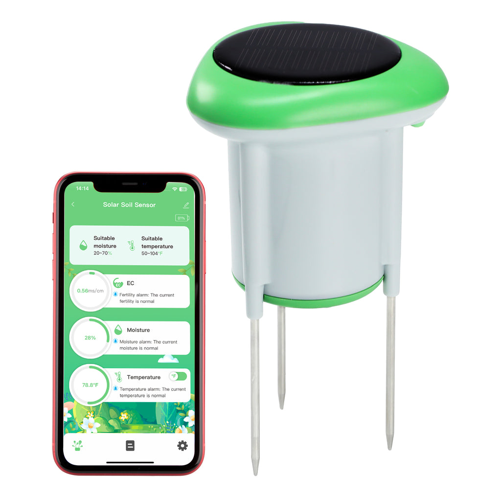 SQM-545 Smart Solar Soil Sensor Wireless Conductivity, Moisture, Temperature APP Monitoring IP66 Waterproof Works with Android & iOS for Gardens, Farms, Greenhouses