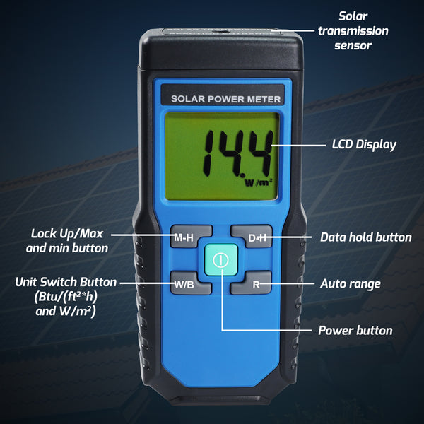 T206 Solar Power Meter BTU/(ft2*h) W/m2 Radiation Energy Cell Tester