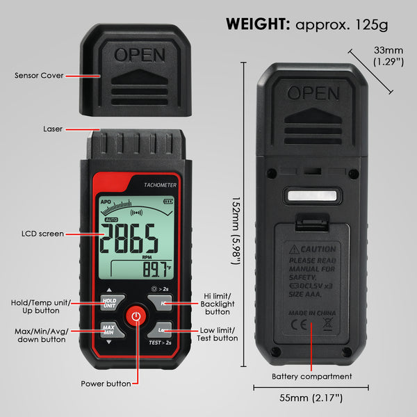 TAC-455 Portable Non-Contact Tachometer 2.5~99999RPM High Precision with Analog Bar Scale and Alarm Function, Temperature Measurement for Machinery Car Motor engine Tool