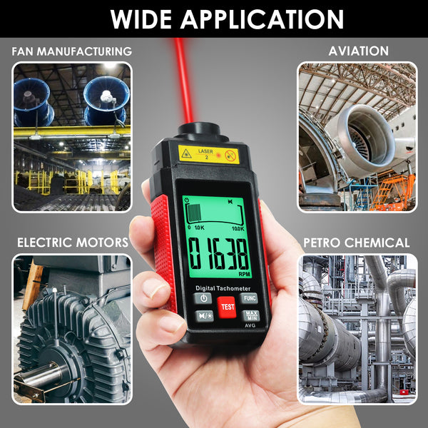 TAC-524 High-Precision Digital Tachometer Non-Contact RPM Laser Tester MAX/MIN/AVG Photoelectric Sensing 10-99999 RPM Range with Reflection Tape Max/Min/AVG Function