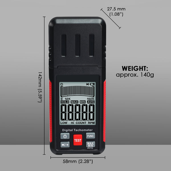TAC-524 High-Precision Digital Tachometer Non-Contact RPM Laser Tester MAX/MIN/AVG Photoelectric Sensing 10-99999 RPM Range with Reflection Tape Max/Min/AVG Function