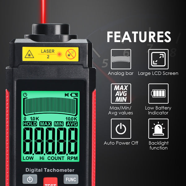 TAC-524 High-Precision Digital Tachometer Non-Contact RPM Laser Tester MAX/MIN/AVG Photoelectric Sensing 10-99999 RPM Range with Reflection Tape Max/Min/AVG Function
