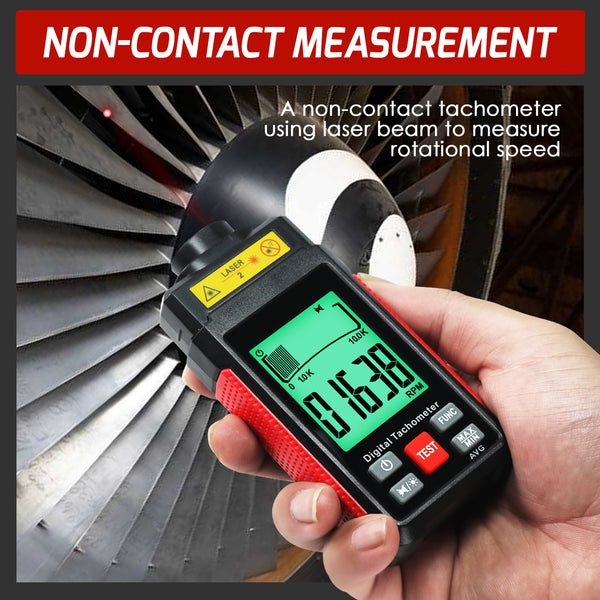 TAC-524 High-Precision Digital Tachometer Non-Contact RPM Laser Tester MAX/MIN/AVG Photoelectric Sensing 10-99999 RPM Range with Reflection Tape Max/Min/AVG Function