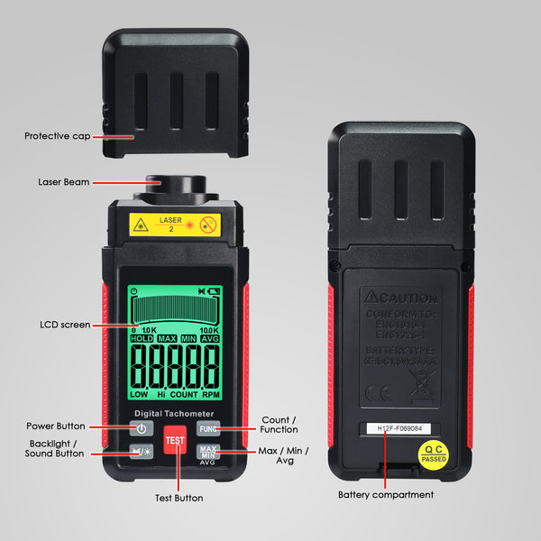 TAC-524 High-Precision Digital Tachometer Non-Contact RPM Laser Tester MAX/MIN/AVG Photoelectric Sensing 10-99999 RPM Range with Reflection Tape Max/Min/AVG Function