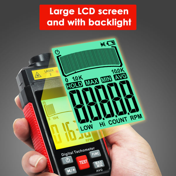 TAC-524 High-Precision Digital Tachometer Non-Contact RPM Laser Tester MAX/MIN/AVG Photoelectric Sensing 10-99999 RPM Range with Reflection Tape Max/Min/AVG Function