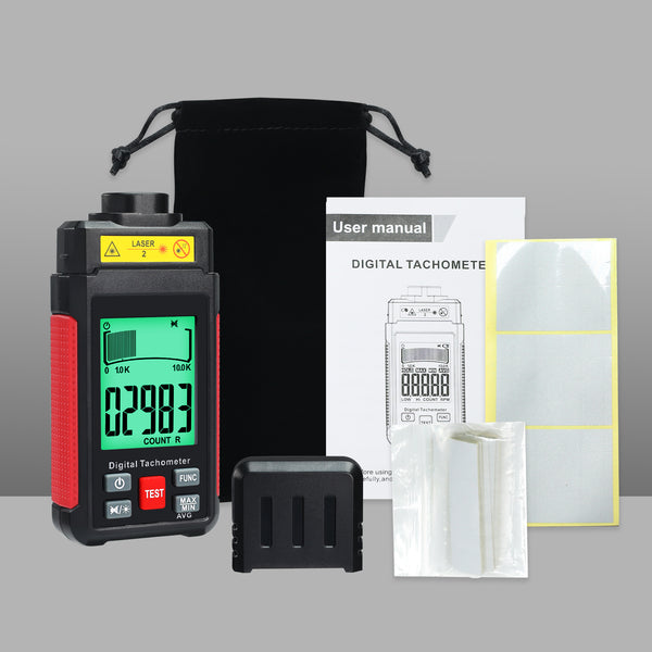 TAC-524 High-Precision Digital Tachometer Non-Contact RPM Laser Tester MAX/MIN/AVG Photoelectric Sensing 10-99999 RPM Range with Reflection Tape Max/Min/AVG Function