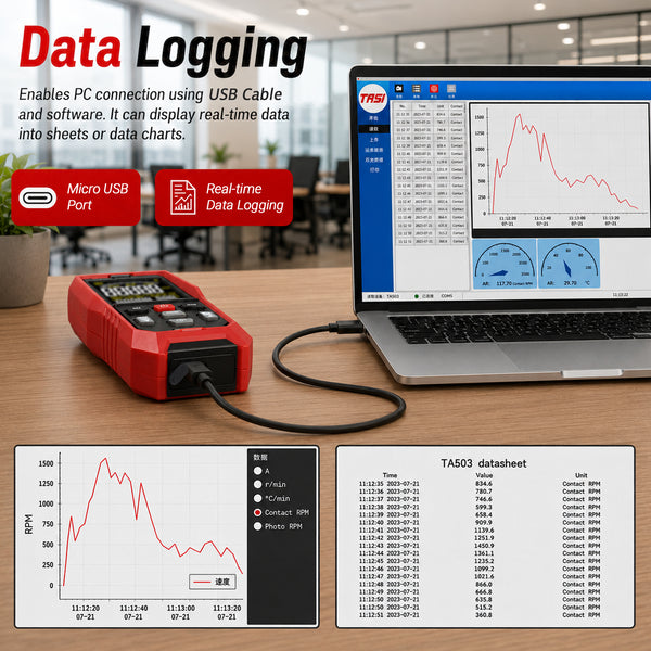 TAC-565 Laser Digital Tachometer 2-in-1 Contact & Non-Contact RPM Meter, Photo Tach with Real-Time PC Data Logging, 2000 Groups Memory, Adjustable Alarm for Motor Speed & Surface Speed Testing