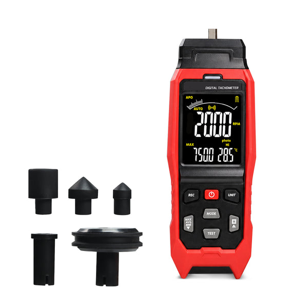 TAC-565 Laser Digital Tachometer 2-in-1 Contact & Non-Contact RPM Meter, Photo Tach with Real-Time PC Data Logging, 2000 Groups Memory, Adjustable Alarm for Motor Speed & Surface Speed Testing