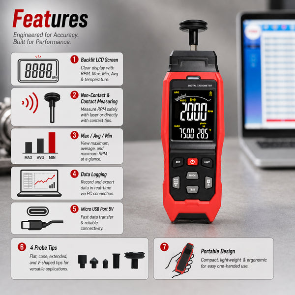 TAC-565 Laser Digital Tachometer 2-in-1 Contact & Non-Contact RPM Meter, Photo Tach with Real-Time PC Data Logging, 2000 Groups Memory, Adjustable Alarm for Motor Speed & Surface Speed Testing