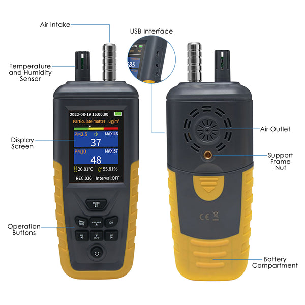 TC-8100 Digital Handheld Dust Particle Counter PM2.5, PM10 AQI Tester Data Logging Function up to 999 Set