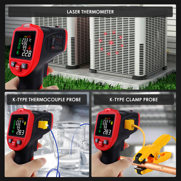 THE-263_1TC Infrared Thermometer -50~850°C (-58~1562°F) Temperature Gun with Bead Type Thermocouple & Clamp Type Temperature Probe Non-Contact Laser Temperature Industrial and Home Use Pyrometer for Engine High Temp Measurement Furnace Oven etc.