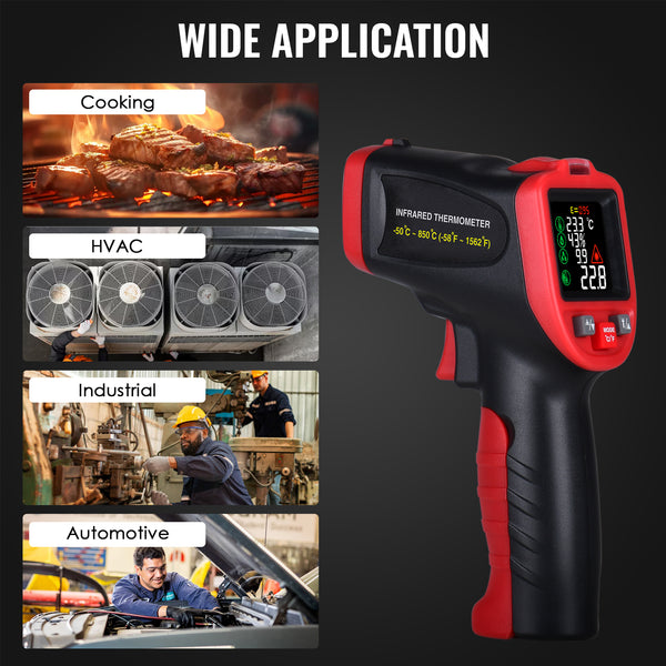 THE-263_1TC Infrared Thermometer -50~850°C (-58~1562°F) Temperature Gun with Bead Type Thermocouple & Clamp Type Temperature Probe Non-Contact Laser Temperature Industrial and Home Use Pyrometer for Engine High Temp Measurement Furnace Oven etc.