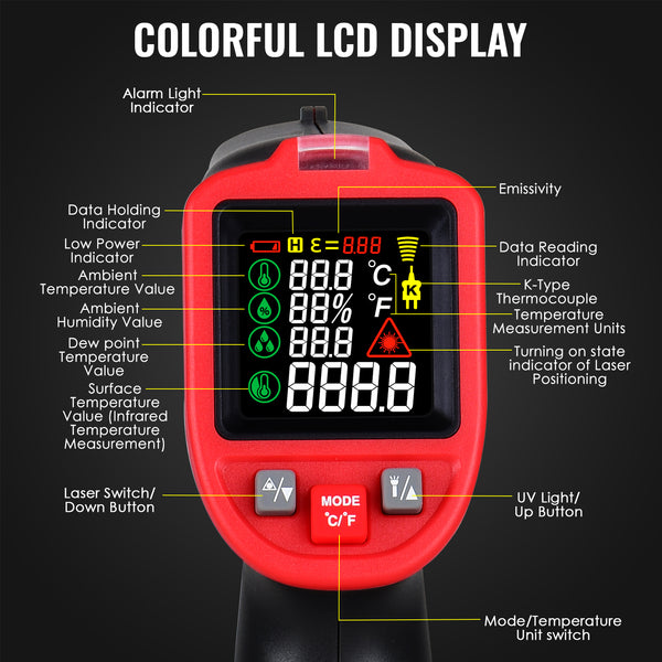 THE-263_1TC Infrared Thermometer -50~850°C (-58~1562°F) Temperature Gun with Bead Type Thermocouple & Clamp Type Temperature Probe Non-Contact Laser Temperature Industrial and Home Use Pyrometer for Engine High Temp Measurement Furnace Oven etc.