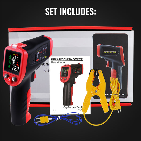 THE-263_1TC Infrared Thermometer -50~850°C (-58~1562°F) Temperature Gun with Bead Type Thermocouple & Clamp Type Temperature Probe Non-Contact Laser Temperature Industrial and Home Use Pyrometer for Engine High Temp Measurement Furnace Oven etc.