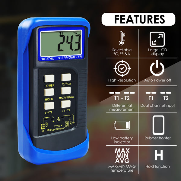 THE-315_2P Digital Thermocouple Temperature K Type Thermometer with 4 Probe (Wired & Stainless Steel) Dual Channel High Temperature Kelvin Scale