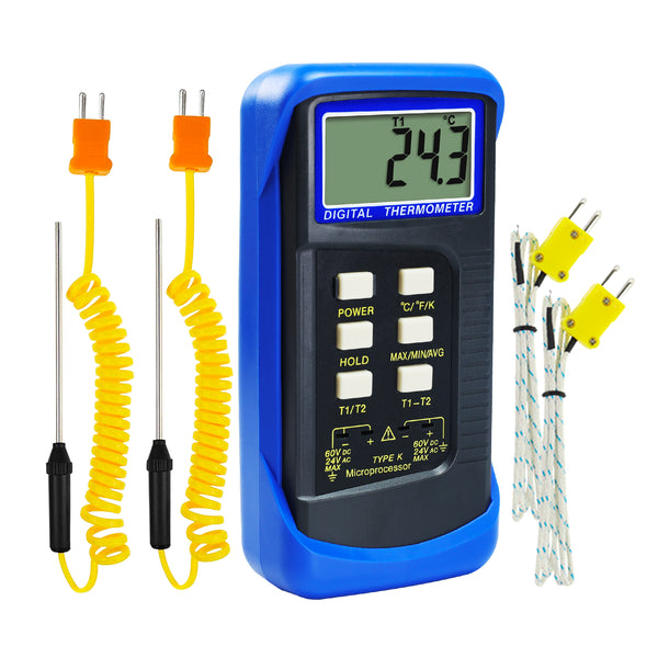 THE-315_2P Digital Thermocouple Temperature K Type Thermometer with 4 Probe (Wired & Stainless Steel) Dual Channel High Temperature Kelvin Scale