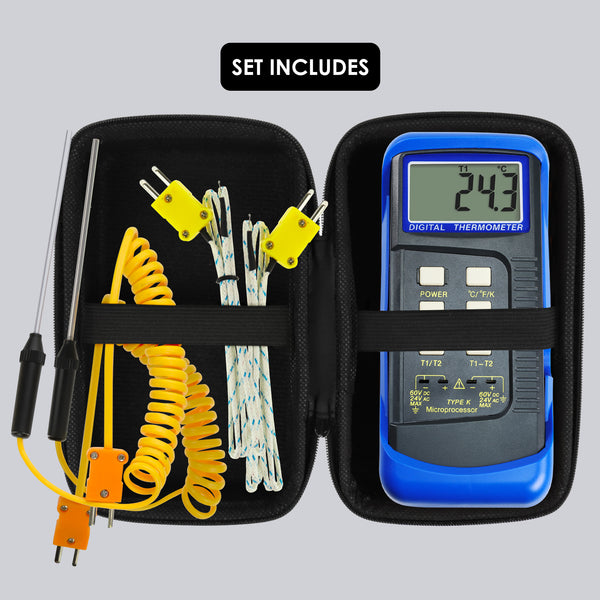 THE-315_2P Digital Thermocouple Temperature K Type Thermometer with 4 Probe (Wired & Stainless Steel) Dual Channel High Temperature Kelvin Scale