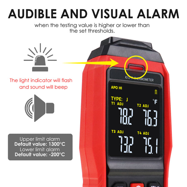 THE-373 K/J/T Datalogger Thermocouple Thermometer -200~1372°C (-328~2501°F), 4-Channel Display, Real-Time Data Logging, Audible and Visible Alarm, and ADJ Compensation