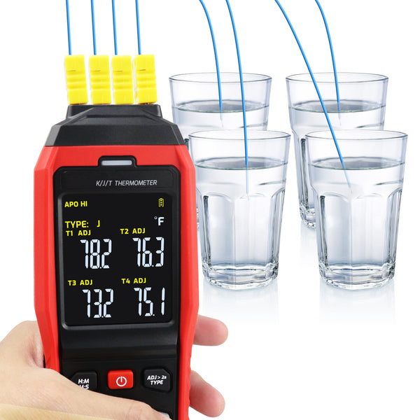 THE-373 K/J/T Datalogger Thermocouple Thermometer -200~1372°C (-328~2501°F), 4-Channel Display, Real-Time Data Logging, Audible and Visible Alarm, and ADJ Compensation