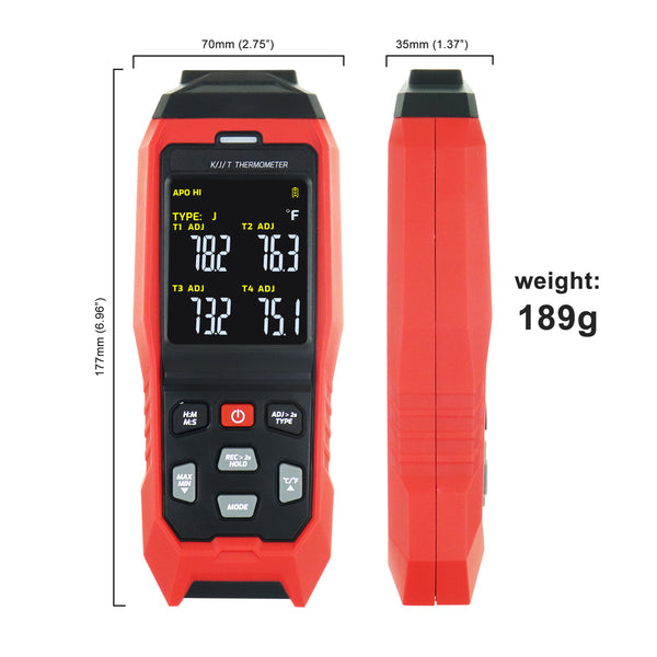 THE-373 K/J/T Datalogger Thermocouple Thermometer -200~1372°C (-328~2501°F), 4-Channel Display, Real-Time Data Logging, Audible and Visible Alarm, and ADJ Compensation