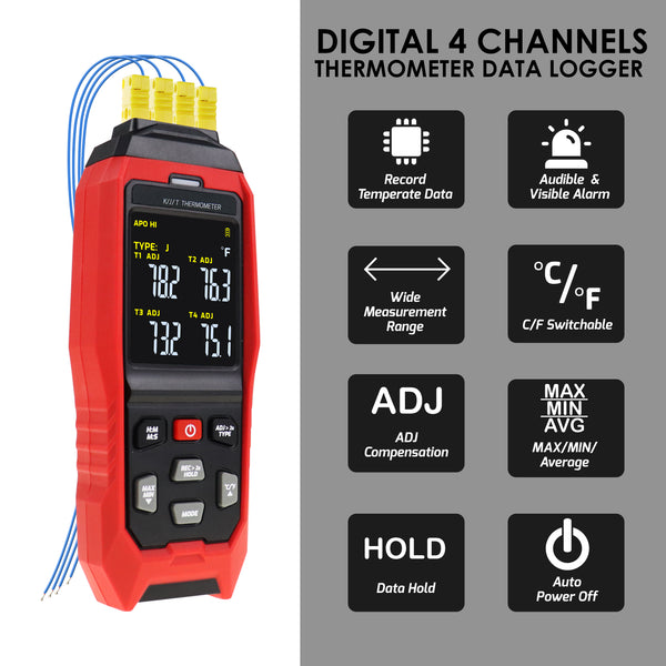 THE-373 K/J/T Datalogger Thermocouple Thermometer -200~1372°C (-328~2501°F), 4-Channel Display, Real-Time Data Logging, Audible and Visible Alarm, and ADJ Compensation