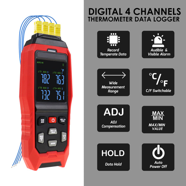 THE-373 K/J Datalogger Thermocouple Thermometer -328~2501°F, 4-Channel Display, Real-Time Data Logging, Audible and Visible Alarm, and ADJ Compensation