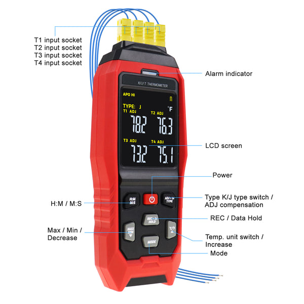 THE-373 K/J/T Datalogger Thermocouple Thermometer -200~1372°C (-328~2501°F), 4-Channel Display, Real-Time Data Logging, Audible and Visible Alarm, and ADJ Compensation