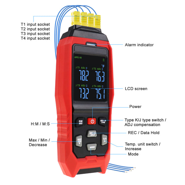 THE-373 K/J Datalogger Thermocouple Thermometer -328~2501°F, 4-Channel Display, Real-Time Data Logging, Audible and Visible Alarm, and ADJ Compensation