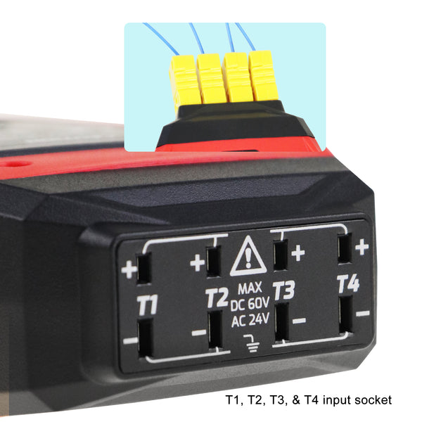 THE-373 K/J/T Datalogger Thermocouple Thermometer -200~1372°C (-328~2501°F), 4-Channel Display, Real-Time Data Logging, Audible and Visible Alarm, and ADJ Compensation