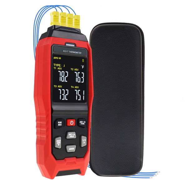 THE-373 K/J/T Datalogger Thermocouple Thermometer -200~1372°C (-328~2501°F), 4-Channel Display, Real-Time Data Logging, Audible and Visible Alarm, and ADJ Compensation