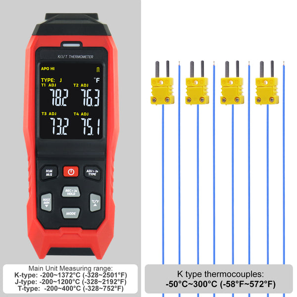 THE-373 K/J/T Datalogger Thermocouple Thermometer -200~1372°C (-328~2501°F), 4-Channel Display, Real-Time Data Logging, Audible and Visible Alarm, and ADJ Compensation