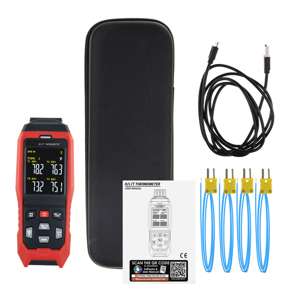 THE-373 K/J/T Datalogger Thermocouple Thermometer -200~1372°C (-328~2501°F), 4-Channel Display, Real-Time Data Logging, Audible and Visible Alarm, and ADJ Compensation