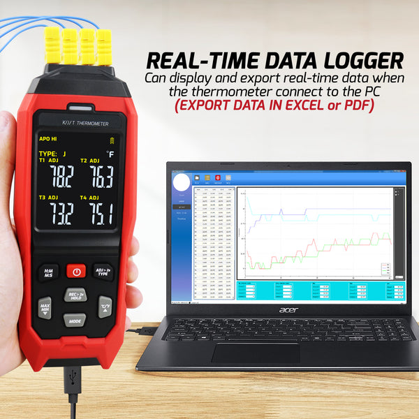 THE-373 K/J/T Datalogger Thermocouple Thermometer -200~1372°C (-328~2501°F), 4-Channel Display, Real-Time Data Logging, Audible and Visible Alarm, and ADJ Compensation