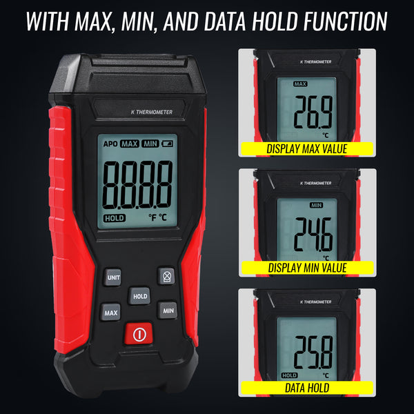 THE-418_1P Digital K-Type Thermocouple Thermometer with Wired and Stainless Steel Probe, High and Low Temperature Measurement for High-Temp Furnaces and Ovens or Low-Temp Liquid Nitrogen etc.