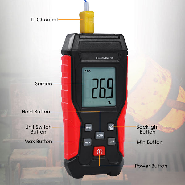 THE-418_1P Digital K-Type Thermocouple Thermometer with Wired and Stainless Steel Probe, High and Low Temperature Measurement for High-Temp Furnaces and Ovens or Low-Temp Liquid Nitrogen etc.