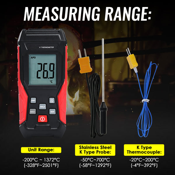 THE-418_1P Digital K-Type Thermocouple Thermometer with Wired and Stainless Steel Probe, High and Low Temperature Measurement for High-Temp Furnaces and Ovens or Low-Temp Liquid Nitrogen etc.