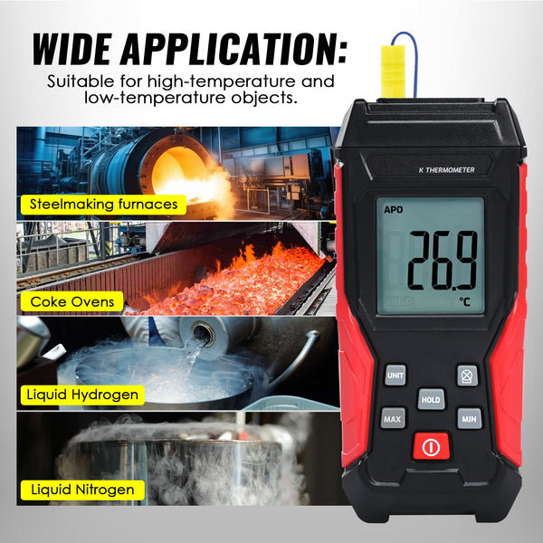 THE-418_1P Digital K-Type Thermocouple Thermometer with Wired and Stainless Steel Probe, High and Low Temperature Measurement for High-Temp Furnaces and Ovens or Low-Temp Liquid Nitrogen etc.