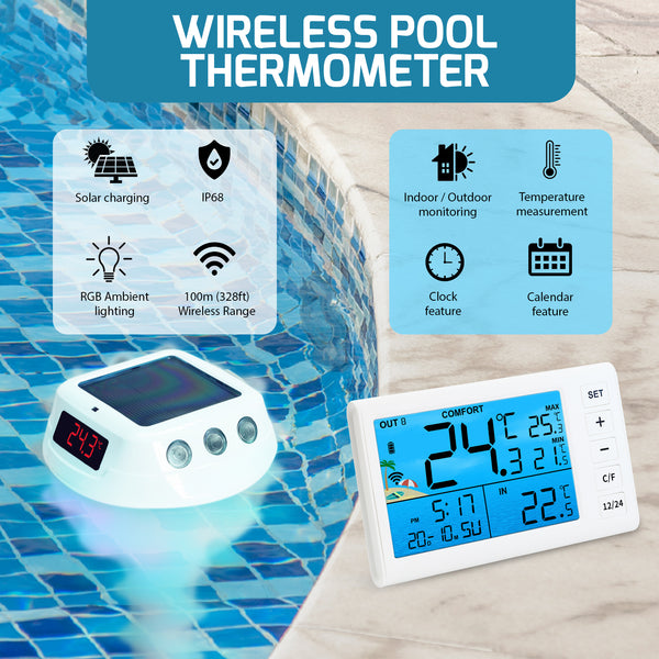 THE-517 Wireless Solar Pool Thermometer with RGB Lights, IP68 Floating Temperature Gauge for Pools, Hot Tubs, Spa