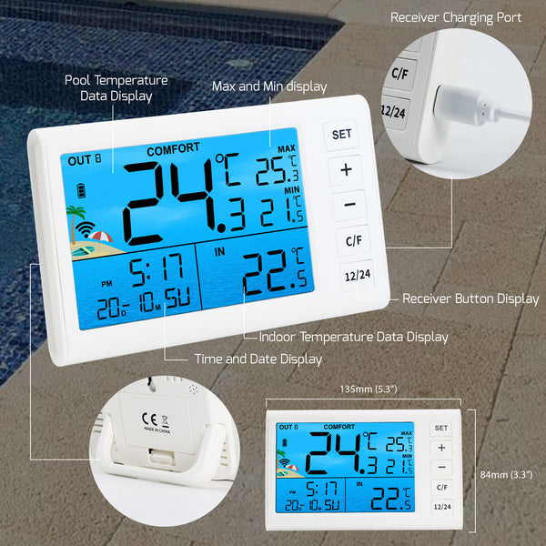 THE-517 Wireless Solar Pool Thermometer with RGB Lights, IP68 Floating Temperature Gauge for Pools, Hot Tubs, Spa