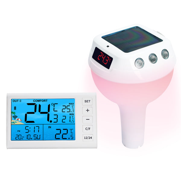 THE-517 Wireless Solar Pool Thermometer with RGB Lights, IP68 Floating Temperature Gauge for Pools, Hot Tubs, Spa