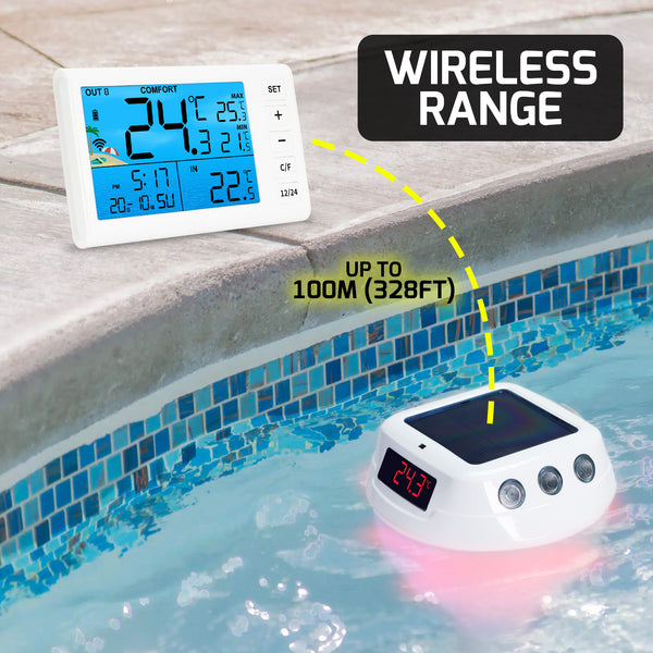 THE-517 Wireless Solar Pool Thermometer with RGB Lights, IP68 Floating Temperature Gauge for Pools, Hot Tubs, Spa