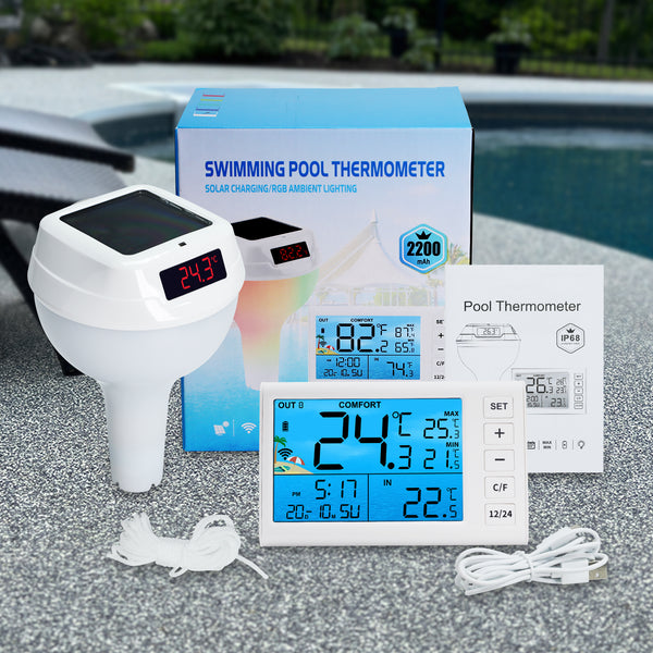 THE-517 Wireless Solar Pool Thermometer with RGB Lights, IP68 Floating Temperature Gauge for Pools, Hot Tubs, Spa