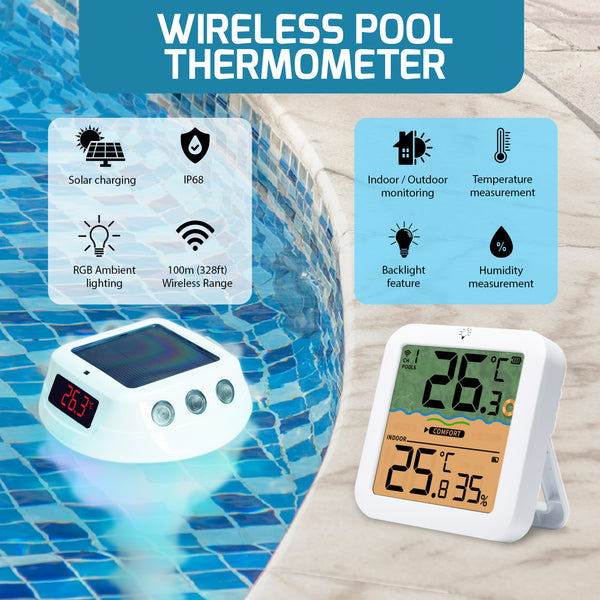 THE-518 Wireless Solar-Powered Pool Thermometer Floating Thermometer with RGB Lighting IP68 Waterproof Swimming Pool Indoor Temperature and Humidity Measure for Swimming Pools, Spa, Hot Tubs