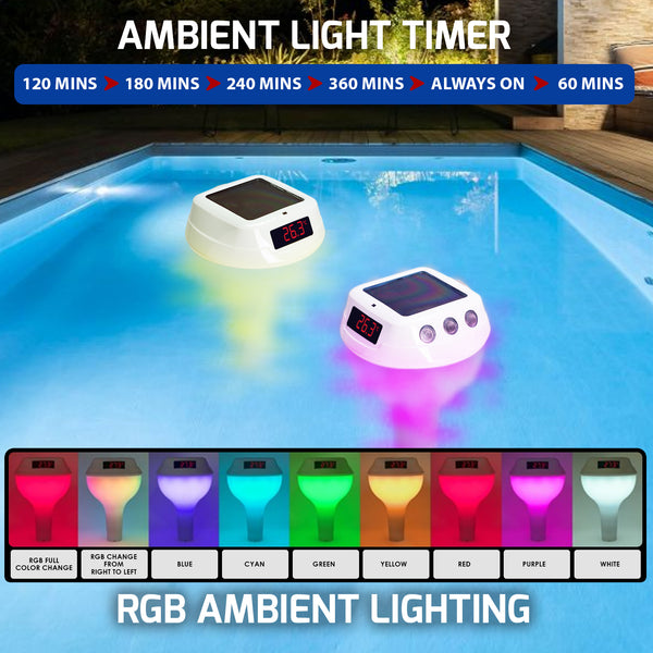 THE-518 Wireless Solar-Powered Pool Thermometer Floating Thermometer with RGB Lighting IP68 Waterproof Swimming Pool Indoor Temperature and Humidity Measure for Swimming Pools, Spa, Hot Tubs
