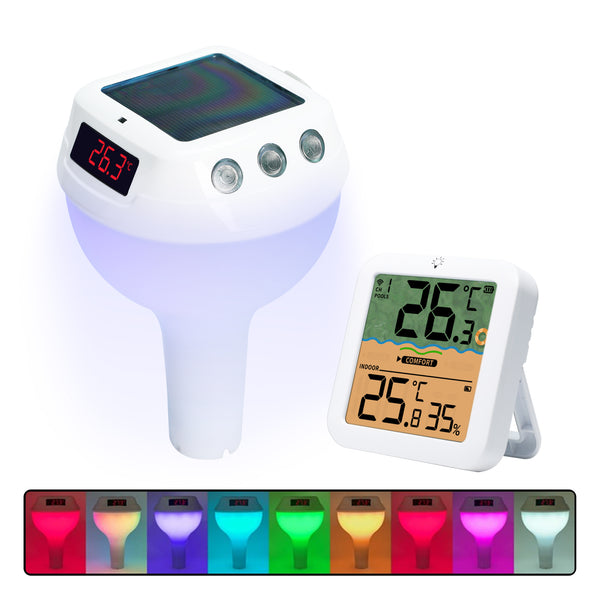 THE-518 Wireless Solar-Powered Pool Thermometer Floating Thermometer with RGB Lighting IP68 Waterproof Swimming Pool Indoor Temperature and Humidity Measure for Swimming Pools, Spa, Hot Tubs