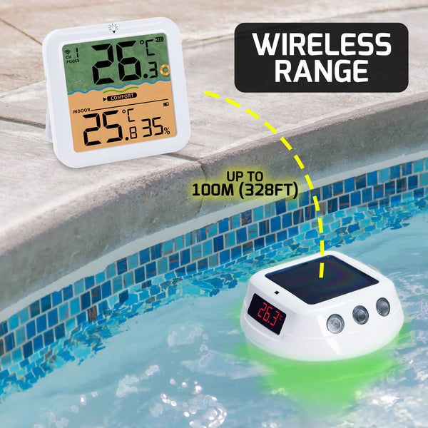 THE-518 Wireless Solar-Powered Pool Thermometer Floating Thermometer with RGB Lighting IP68 Waterproof Swimming Pool Indoor Temperature and Humidity Measure for Swimming Pools, Spa, Hot Tubs