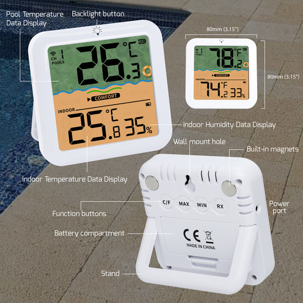 THE-518 Wireless Solar-Powered Pool Thermometer Floating Thermometer with RGB Lighting IP68 Waterproof Swimming Pool Indoor Temperature and Humidity Measure for Swimming Pools, Spa, Hot Tubs