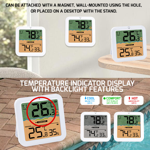 THE-518 Wireless Solar-Powered Pool Thermometer Floating Thermometer with RGB Lighting IP68 Waterproof Swimming Pool Indoor Temperature and Humidity Measure for Swimming Pools, Spa, Hot Tubs
