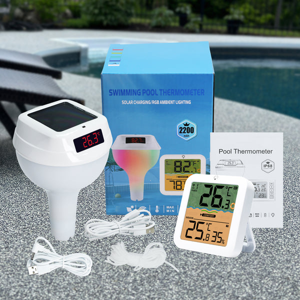 THE-518 Wireless Solar-Powered Pool Thermometer Floating Thermometer with RGB Lighting IP68 Waterproof Swimming Pool Indoor Temperature and Humidity Measure for Swimming Pools, Spa, Hot Tubs